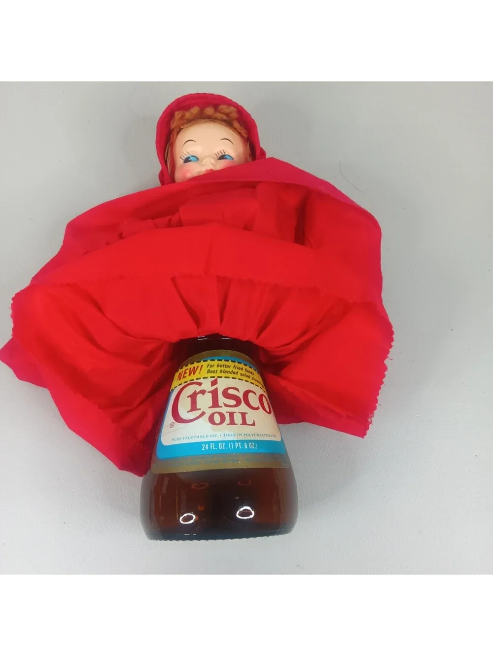 Vintage Handmade Kitschy Red Dress Doll W Empty Glass Crisco Body One Of A Kind